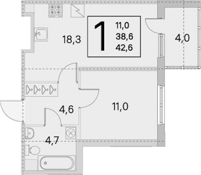 1-комнатная квартира 38.6 м², 1/5 эт., ЖК «ЮгТаун. Олимпийские кварталы»